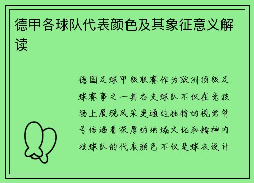 德甲各球队代表颜色及其象征意义解读